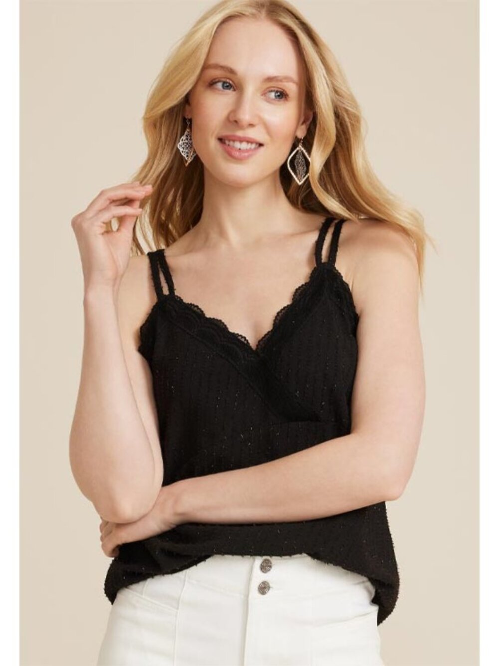 Black Shimmer Lace Trim Cami by Maurice - Women's Size Medium